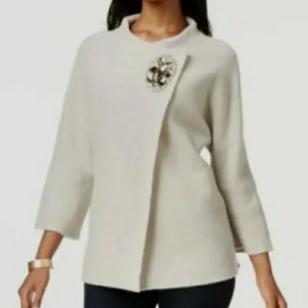 JM Collection Cream 3/4 Sleeve 100% Wool Cardigan Jacket